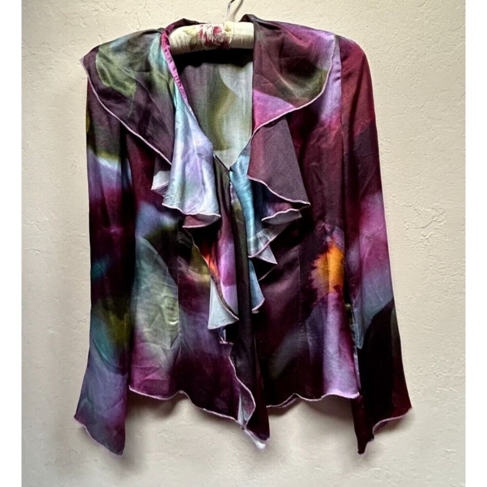 Audrey Talbott Carmel Silk Ruffle Blouse Top Size 6 Burgundy Abstract Print Boho